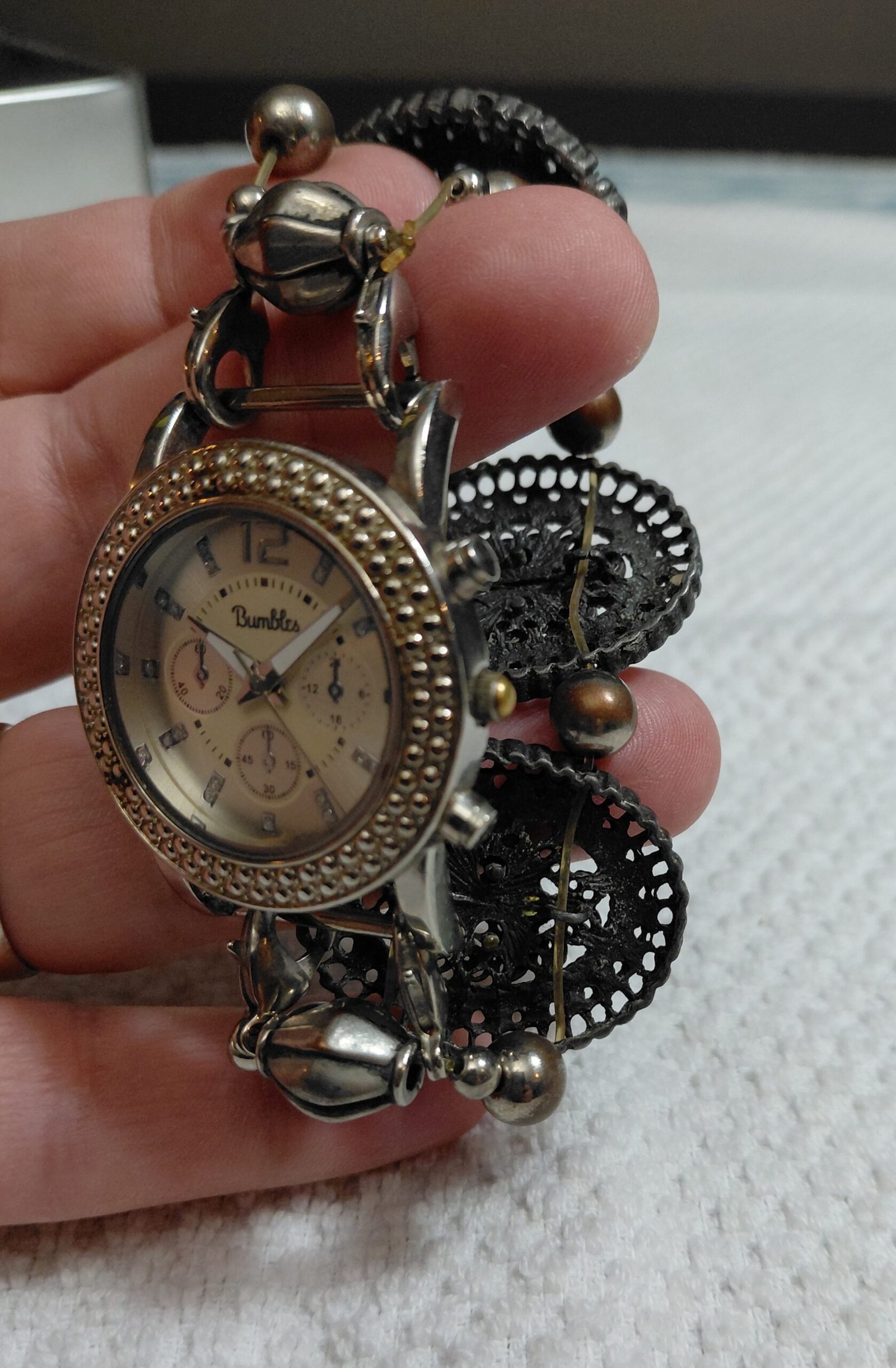 Bumbles Vintage Style Silver Tone Ornate Cuff Bracelet Watch – Bling Bezel - Image 4