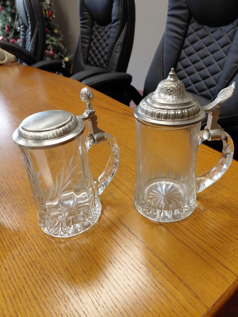 Vintage German Glass Beer Steins with Pewter Lids - Pair
