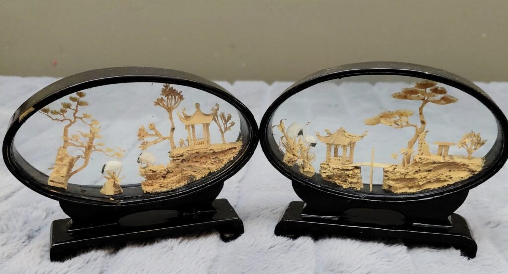 Pair of Vintage Chinese Cork Carving Dioramas - Detailed Asian Folk Art