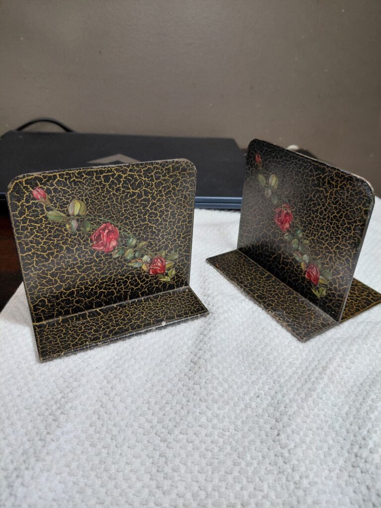 Vintage Hand-Painted Metal Floral Bookends - Pair of 2 (Rose Design)