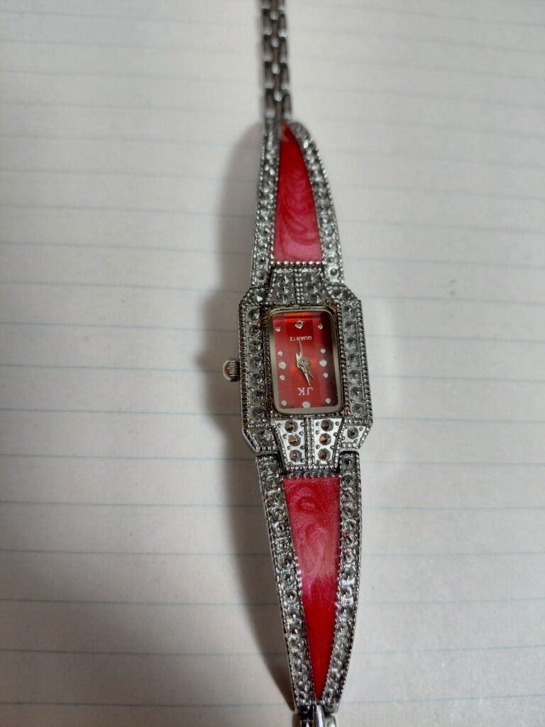 JK Vintage-Style Silver Tone & Red Enamel Bracelet Watch