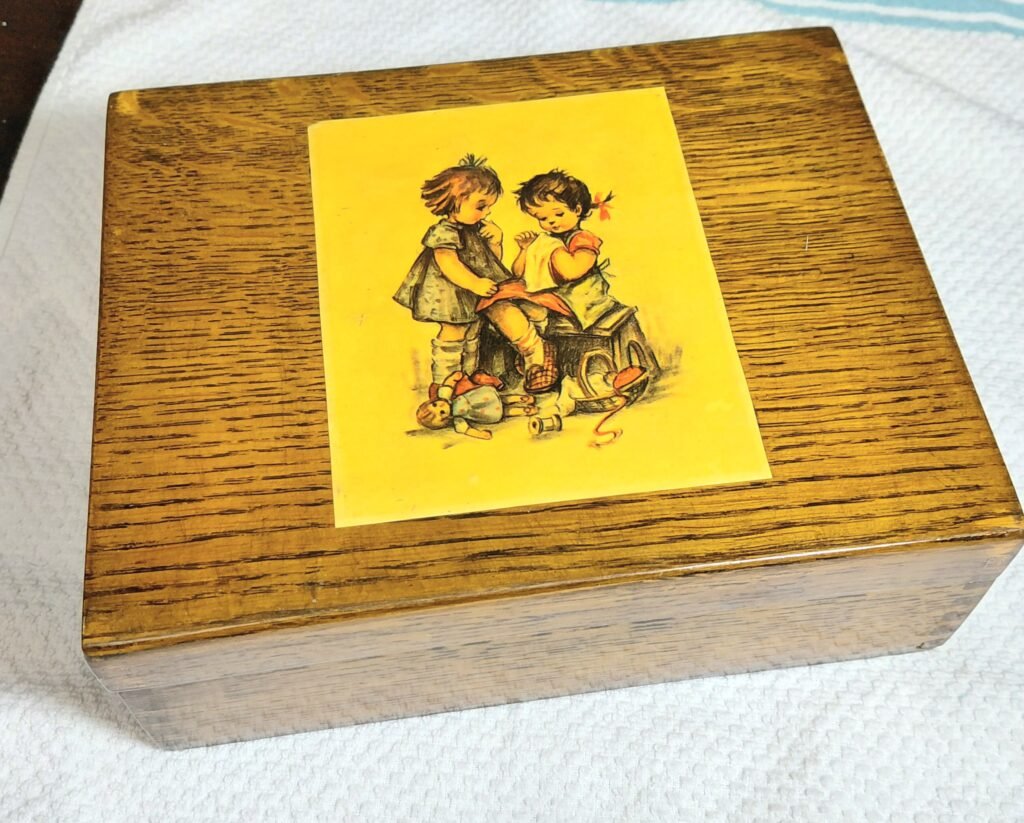 Vintage Wooden Hummel-Style Trinket Box - Girl & Boy Illustration