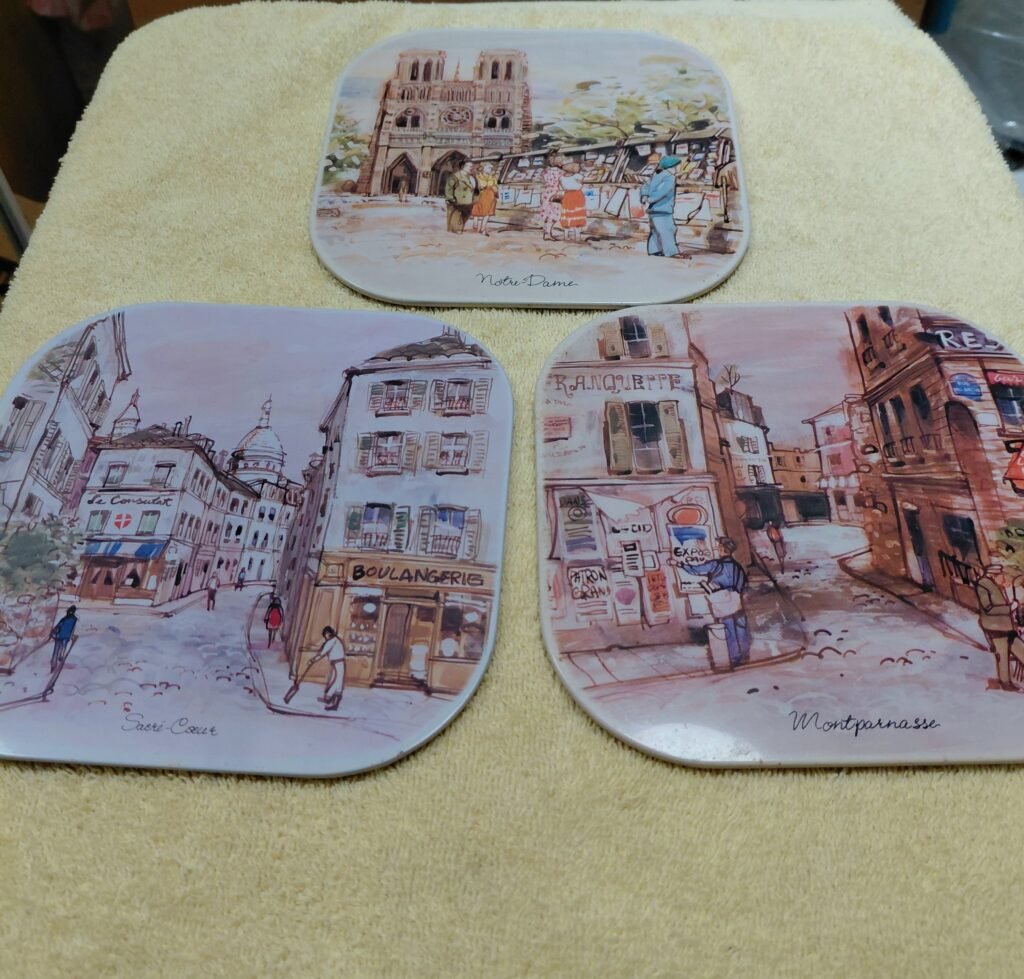 Vintage Cork-Backed Placemats Set - European Street Scene Watercolor Art